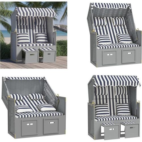 vidaXL Strandkorb mit Kissen Poly Rattan und Massivholz Blau & Weiß - Strandkorb - Strandkörbe - Sonnenliege - Strandliege