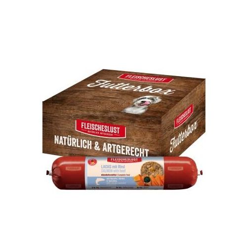 Fleischeslust Nassfutter Hund Adult Futterbox Lachs, Rind, Karotte, Kürbis & Spirulina 6x800 g