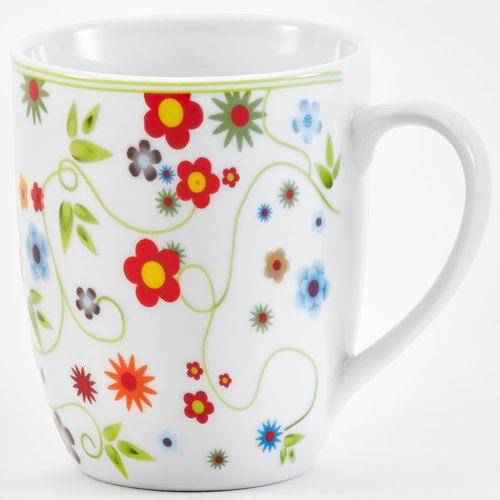 Becher VAN WELL "Vario Flower", bunt, B:25,5cm H:9,5cm, Porzellan, Trinkgefäße, Becher, spülmaschinen- und mikrowellengeeignet, 6-teilig