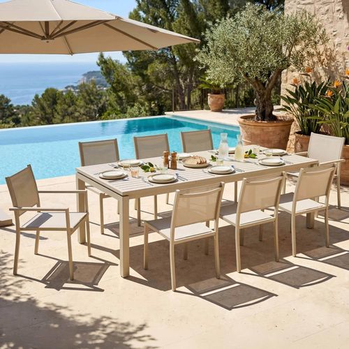 Aluminium Gartentisch für 8 Personen 6 Stühle 2 Sessel Beige - Oviala Galilée