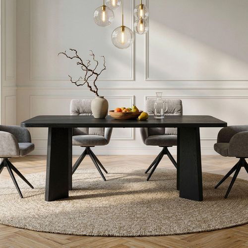 Esstisch OLISES 180 x 90 cm, Schwarz - Moderner Esszimmertisch mit markanten Designbeinen, rechteckiger Küchentisch aus MDF mit Eiche-Furnier, ideal für Essbereich und offene Wohnbereiche