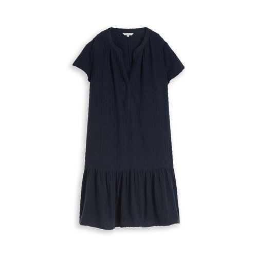 TOM TAILOR Damen Musselin Kleid mit gepunkteter Struktur, blau, Uni, Gr. 44