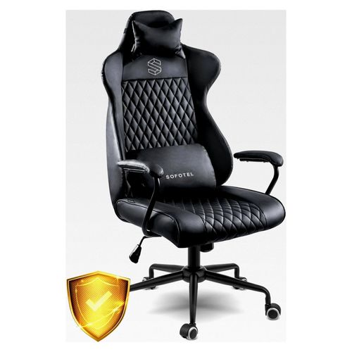 Ergonomischer Bürostuhl mit Drehfunktion, verstellbarer Kopfstütze und Lendenwirbelstütze, Armlehnen, SoftUp-Gaslift und SoftSwing-Funktion, Arbeitszimmer, herausnehmbare Kissen, Schwarz gesteppt