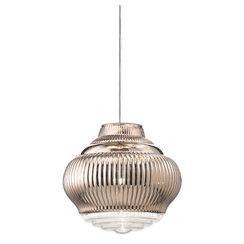 Mundgeblasene Glas-Pendelleuchte Bonnie in Roségold: Handgefertigtes Design mit Reliefverzierung und grauer Metallstruktur für edles Ambiente.