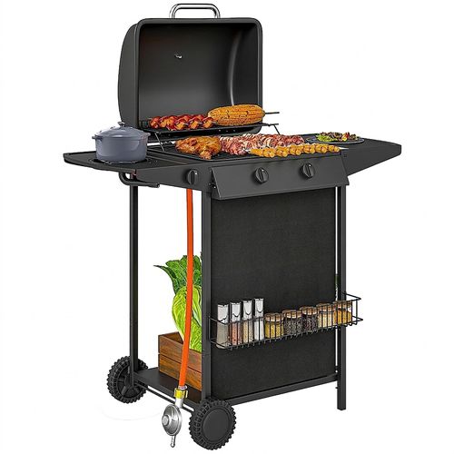 Gasgrill 7 KW 3 Brenner Seitenkocher Deckel 107x54x96 cm Schwarz