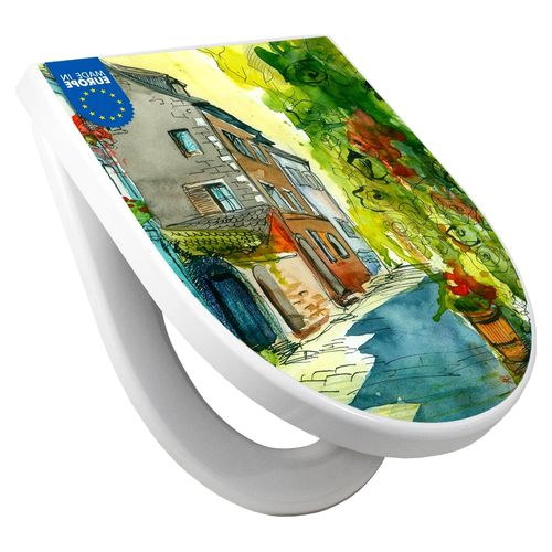 WC-Sitz mit Absenkautomatik in D-Form - Toilettendeckel mit Softclose - stabile Klobrille - Toilettensitz in Weiß - Motiv Historischer Stadtkern
