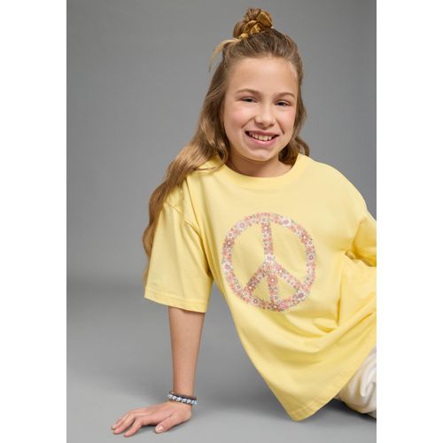 T-Shirt KIDSWORLD "T-Shirt Peacezeichen-Druck", Mädchen, Gr. 140/146, gelb, Single Jersey, Obermaterial: 100% Baumwolle, bedruckt, geblümt, lässig geschnitten, Rundhals, Shirts T-Shirt, lässige Passform, Kurzarm, mit Rundhalsausschnitt, aus Baumwolle