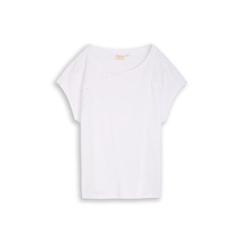 TOM TAILOR Damen T-Shirt mit Lochstickereien, weiß, Uni, Gr. M