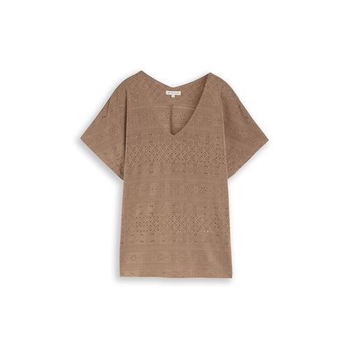 TOM TAILOR Damen Loose Fit Ajour T-Shirt, braun, Uni, Gr. XXL