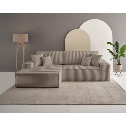 Ecksofa OTTO HOME "FINNLEY, L-Form 257 cm, Schlafsofa", grau (taupe), B:267cm H:85cm T:167cm, Bezugstoff 100% PES ;Gramatur 400g/qm +/- 5%, Sofas, Ecksofa, mit Bettkasten, in Bouclé, Struktur fein und Mega Cord