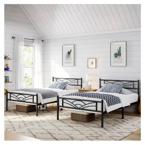2er-Set Metallbett Bettrahmen mit Lattenrost Einzelbett 90 x 190 cm in Schwarz