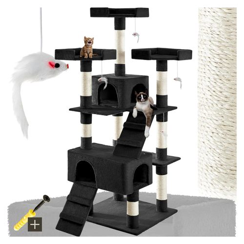 Katzen Kratzbaum groß, für Katzen und Kitten, mit 2 Katzenhäusern, 4 Katzenspielzeugen und 2 Katzenleitern, Kratzsäule mit Sisalseil, Kippschutz mit Wandmontage - schwarz