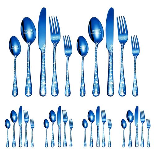 30-teiliges Weihnachtsbesteckset aus Edelstahl, bestehend aus 12 Gabeln, 12 Löffeln und 6 Messern mit Weihnachtsbaum-Muster in Blau