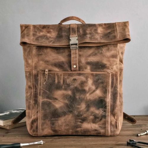 Belveder Leder rucksack Vintage Laptoprucksack mit Rollverschluss für 15,6 Zoll Laptop, Rolltop Rucksack, Arbeitsrucksack, Reiserucksack – Braun BP145