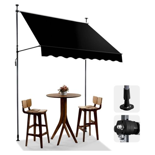Klemmmarkise 200 cm Breite, Balkonmarkise klein ohne Bohren, wasserdicht, Sonnenschutz, UV-beständig, höhenverstellbar mit Handkurbel, für Terrasse, Balkon, Mietshaus, Garten, Laden, Schwarz