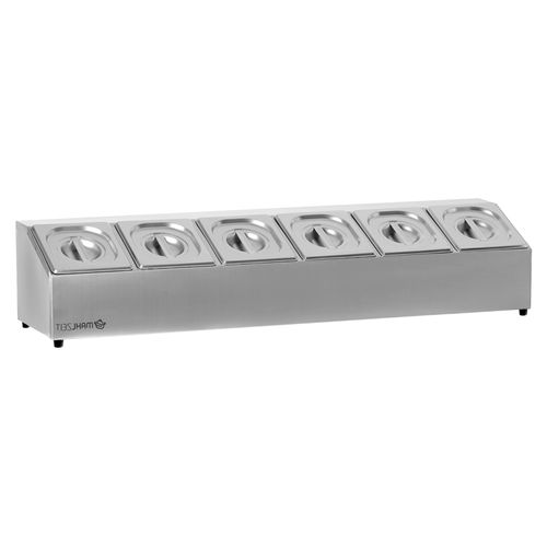 Edelstahl Zutatenbehälter | 6 x 1/6 GN Catering Behälter mit Gummifüßen | 102,5 x 24,5 x 21,5 cm | Cocktail Zutatenbehälter für Gastro, Küche, Pizza Station, Buffet Zubehör, Salatbar