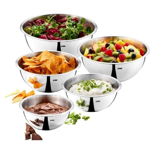 5-teiliges Schüsselset aus Edelstahl für die Küche, 1 l - 3,5 l, Rührschüssel, Salatschüssel, Servierschüssel mit Schüttrand und stapelbar