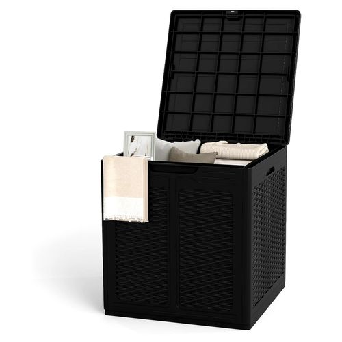 Gartenbox 145 L, Auflagenbox mit abschließbarem Deckel in Rattanoptik, wetterfeste Aufbewahrungsbox für Kissen, Gartengeräte und Paketzustellung (Schwarz)