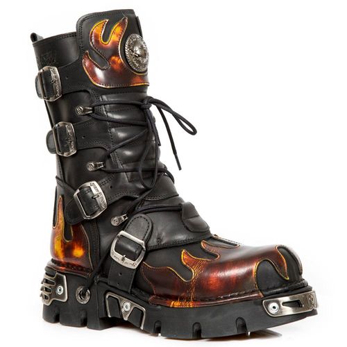 New Rock Flame Akzentuierte schwarz/rote Lederstiefel – 591-S1
