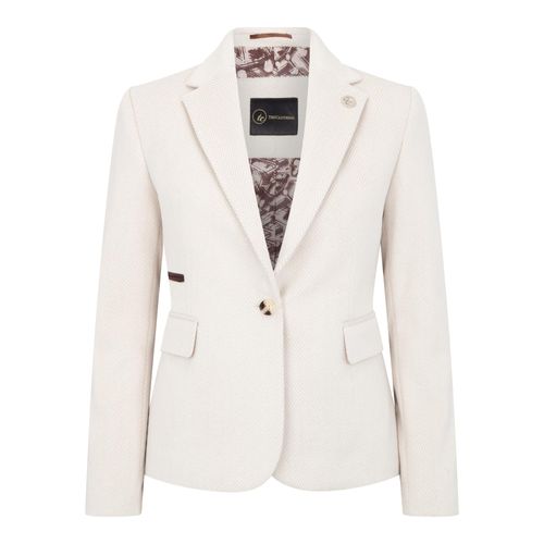Crèmekleurige getailleerde damesblazer van wolmix tweed