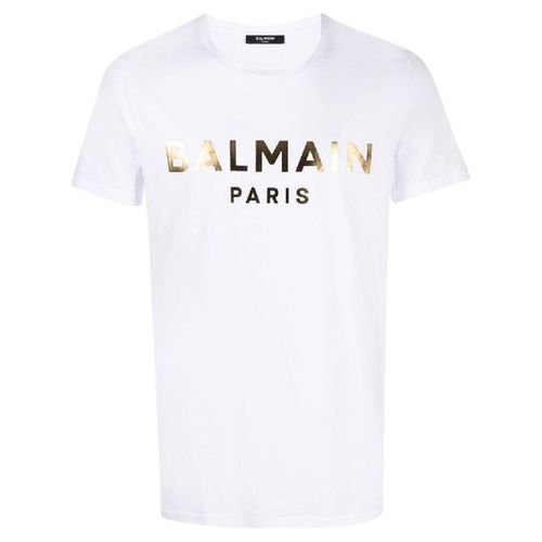 Balmain Paris - Weißes T-shirt Mit Goldfolienlogo