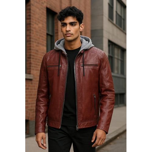 Heren Ox Red Hooded Burgundy Biker Lamsleren Jas - Kingston