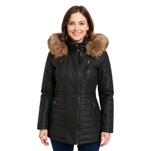 Dames Zwarte Gewatteerde Leren Parka Jas - Bowen