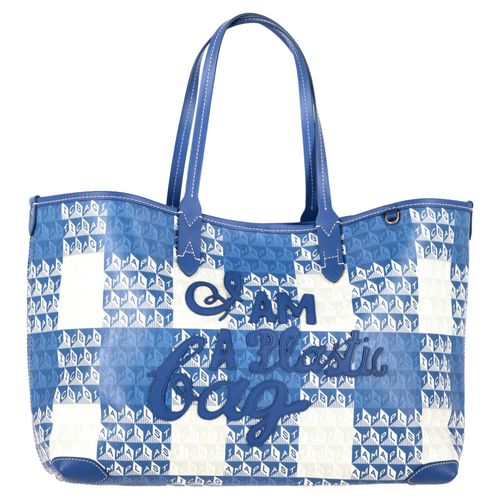 Anya Hindmarch I Am A Plastic Bag Kleine Leerafgewerkte Geprinte Tote in Blauw Gecoat Canvas