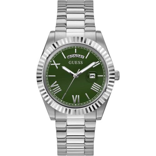 Guess Connoisseur GW0265G10 Heren RVS Horloge — 42 mm Groene Wijzerplaat, Dag- en Datumaanduiding, 50m