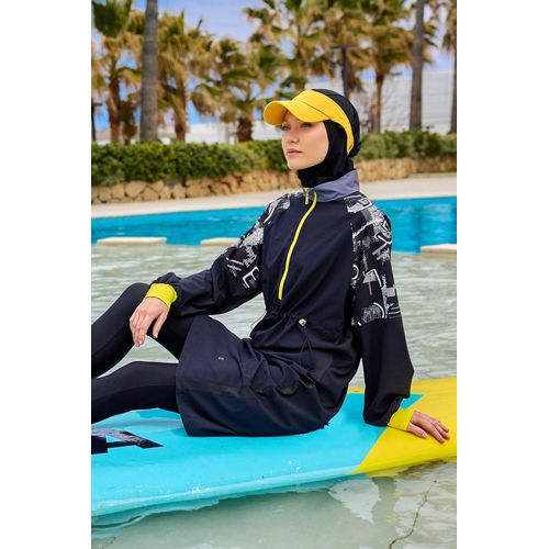 Schwarzer, vollständig bedeckender, bescheidener Burkini mit Ärmeldetail