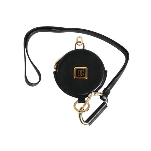 Zwarte Ronde Leren DG Logo Munt Portemonnee Lanyard Wallet