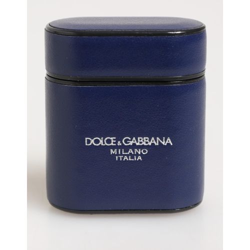 Dolce & Gabbana Blauwe Leren Logo Print Flip Houder Mannen Airpods Hoes