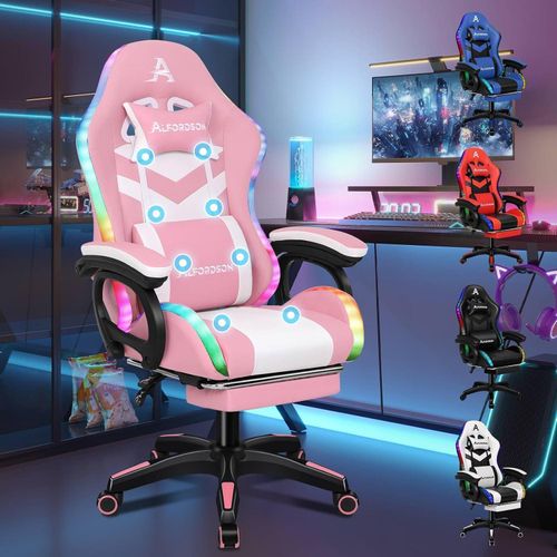 ALFORDSON Racing Gaming Stuhl mit LED RGB Beleuchtung Lordosenstütze Kunstleder Rosa