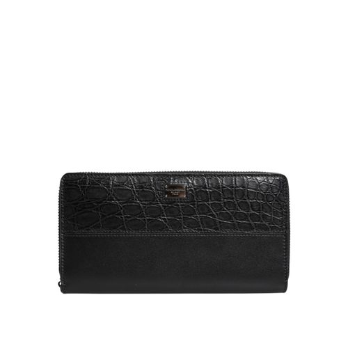 Zwart Leren Logo Plaque Zip Around Continental Portemonnee