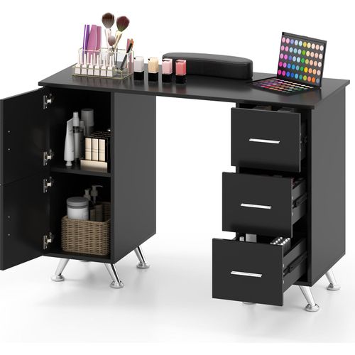 COSTWAY Maniküretisch mit Schubladen, Handballenauflage & Metallbeinen, Nageldesignerstation aus Holz, Nagelpflege-Ausrüstung schwarz