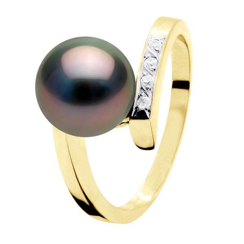 Ring Sieraad Diamant 0,04 Cts Geel Goud - Echte Geprofessioneerde Tahiti Parel Rond 8-9 mm