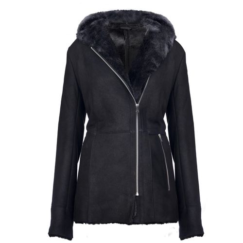 Schwarze Damen-Jacke aus Merino-Schaffell mit Kapuze, Mandalay