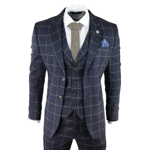 Heren Marineblauwe Geruite 3-delige Tweed Pak Peaky Blinders 1920s Gatsby Tailored Fit