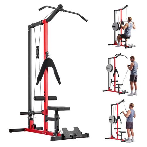 Latzugstation - 3-in-1 Latzugturm/Kabelzugstation - Bis 181 kg belastbar - Mit Latzugstange & Kabelzug - Rücken Arme Schultern Bauch - Für Zuhause & Fitnessstudio - Schwarz