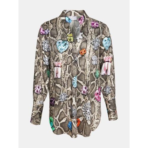 Mucho Gusto Blouse aachen in beige slangenprint met kleurrijke broches