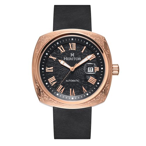 Montre automatique Heritor Davenport avec boîtier gravé et bracelet en cuir avec date