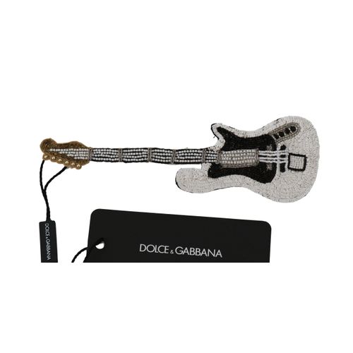 Dolce & Gabbana Weiße Gitarre Pailletten Perlen Markenansticker Brosche