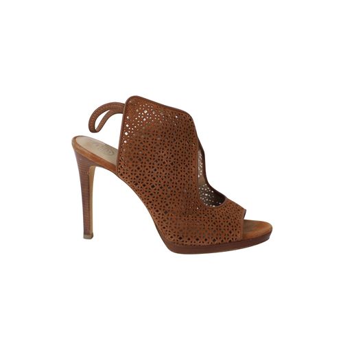 Tory Burch Laser Cut Peep-Toe Sandalen in Bruin Leer