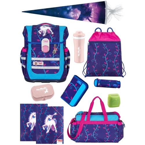 McNeill Ranzen Komplett-Set 12-tlg. mit Schultüte / Zuckertüte Einhorn Schulranzen Ergo Complete für Mädchen 1. Klasse