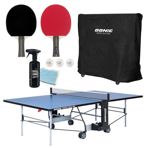 DONIC Tischtennisplatten-Set Roller Outdoor 800 inkl. 2x Tischtennisschläger, 3x Tischtennisbälle, 1x Abdeckhülle, 1x Tischreiniger
