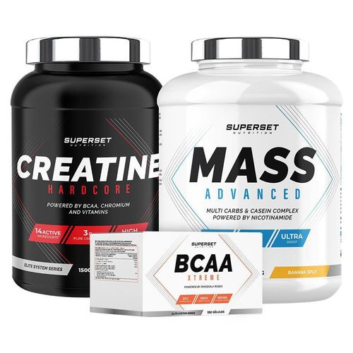 Bestätigtes Masseaufbauprogramm - Mass Advanced 2,5kg Banana Split - Creatine Hardcore 1,5kg Ice Tea Peach - BCAA Xtreme