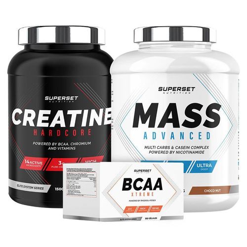 Bestätigtes Masseaufbauprogramm - Mass Advanced 2,5kg Choco Nut - Creatine Hardcore 1,5kg Ice Tea Peach - BCAA Xtreme
