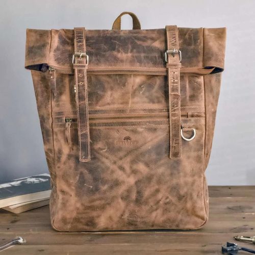 Belveder Leder rucksack Vintage Laptoprucksack mit Rollverschluss für 15,6 Zoll Laptop, Rolltop Rucksack, Arbeitsrucksack, Reiserucksack Braun BP245