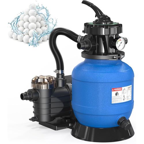 FCH Sandfilteranlage Pool 7900 L/H inkl. 400g Filterbälle, Poolpumpe Sandfilter mit 7 Wege Ventil, Pool Filteranlage Sandfilter