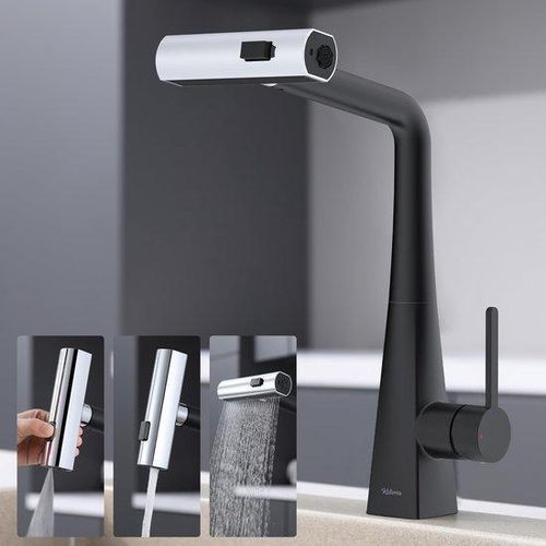 Keukenkraan met 3 waterstralen, 360° draaibaar, roestvrij staal, zwart